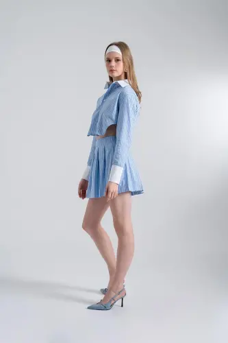 Chiziqli plili mini Harmony poplin yubka Moviy - HOLLY LOLLY (1)