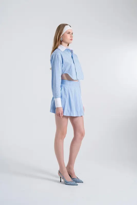 Chiziqli plili mini Harmony poplin yubka Moviy - 6