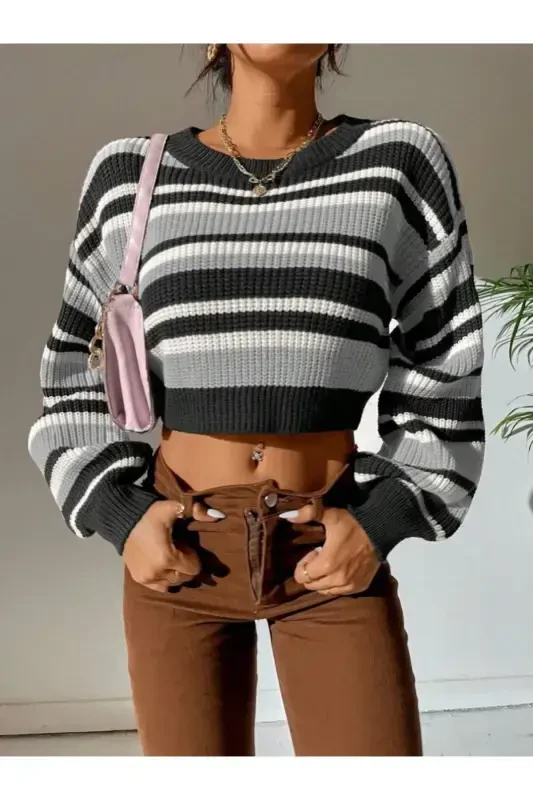 Chiziqli Saloniki oʻrash Oversize Crop ayollar kozasi - Antratsit - 4