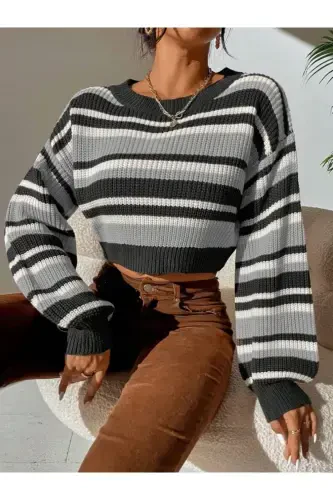 Chiziqli Saloniki oʻrash Oversize Crop ayollar kozasi - Antratsit - 5