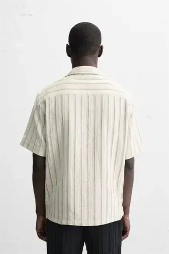 Chiziqli to'qimali ko'ylak - Ekrü - 3