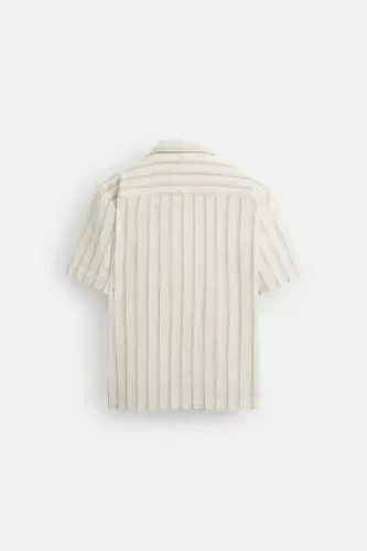 Chiziqli to'qimali ko'ylak - Ekrü - 7