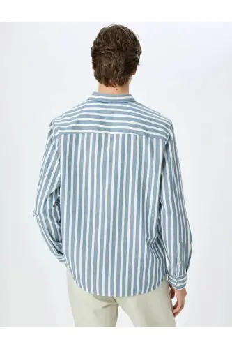 Chiziqli uzun qisma tugmachali yoqali slim fit ko'ylak-La - 4