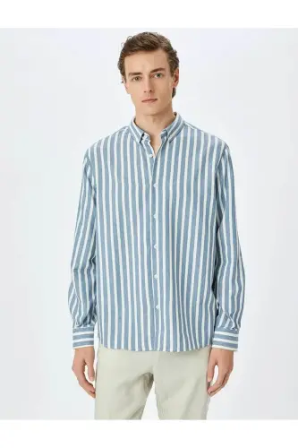 Chiziqli uzun qisma tugmachali yoqali slim fit ko'ylak-La - 3