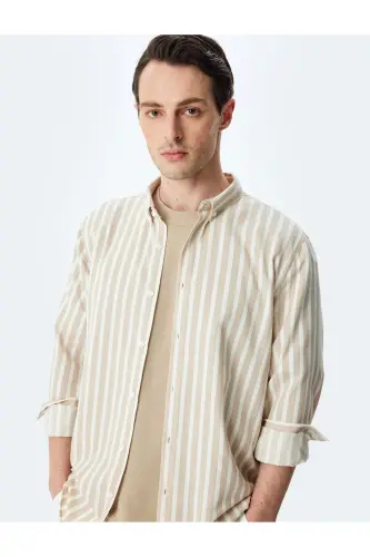 Chiziqli uzun yengli tugmali yoqali slim fit ko'ylak-Ek 