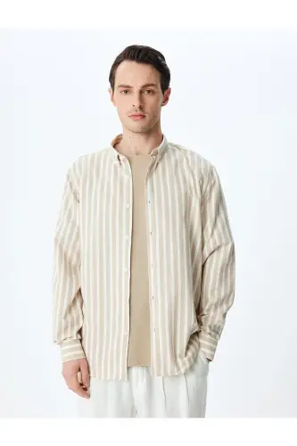 Chiziqli uzun yengli tugmali yoqali slim fit ko'ylak-Ek - 3