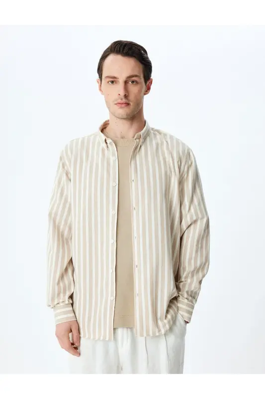 Chiziqli uzun yengli tugmali yoqali slim fit ko'ylak-Ek - 3