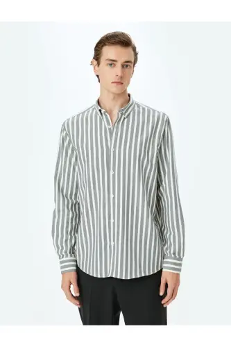 Chiziqli uzun yengli tugmali yoqali slim fit ko'ylak-Ka - 3