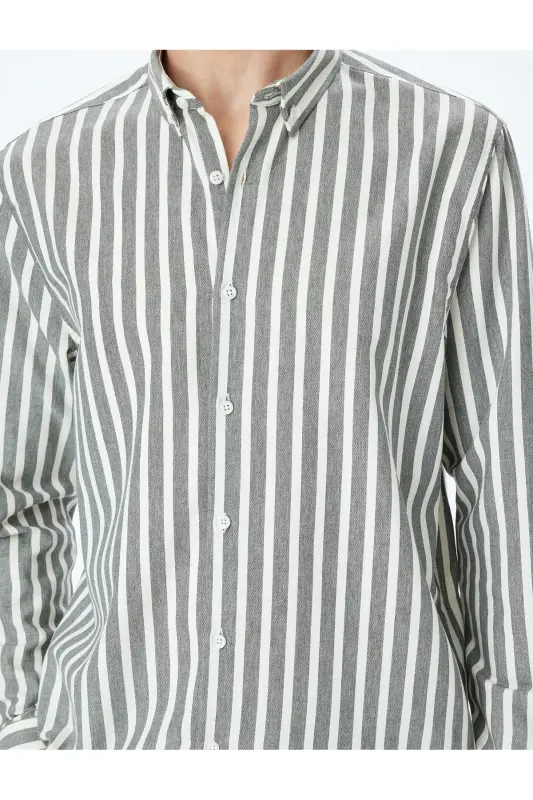 Chiziqli uzun yengli tugmali yoqali slim fit ko'ylak-Ka - 5