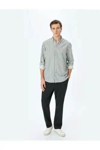Chiziqli uzun yengli tugmali yoqali slim fit ko'ylak-Ka - 1