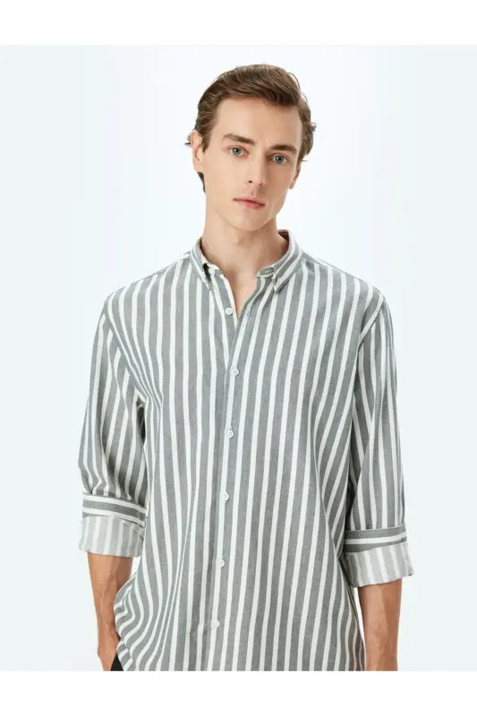 Chiziqli uzun yengli tugmali yoqali slim fit ko'ylak-Ka - 2