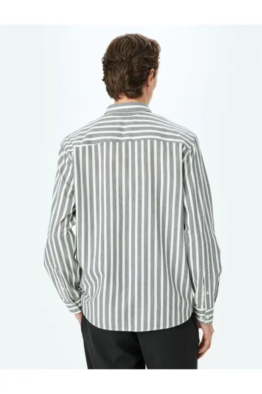 Chiziqli uzun yengli tugmali yoqali slim fit ko'ylak-Ka - 4