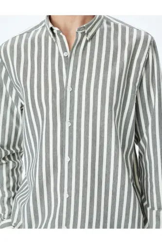 Chiziqli uzun yengli tugmali yoqali slim fit ko'ylak-Ka - 5