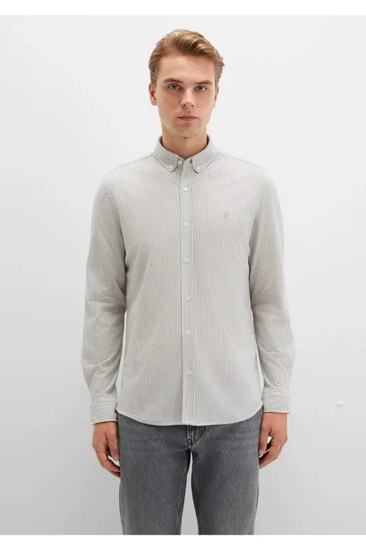 Chiziqli xaki ko'ylak Slim Fit / Tor kesim 0211402-91332-Rangli - 4