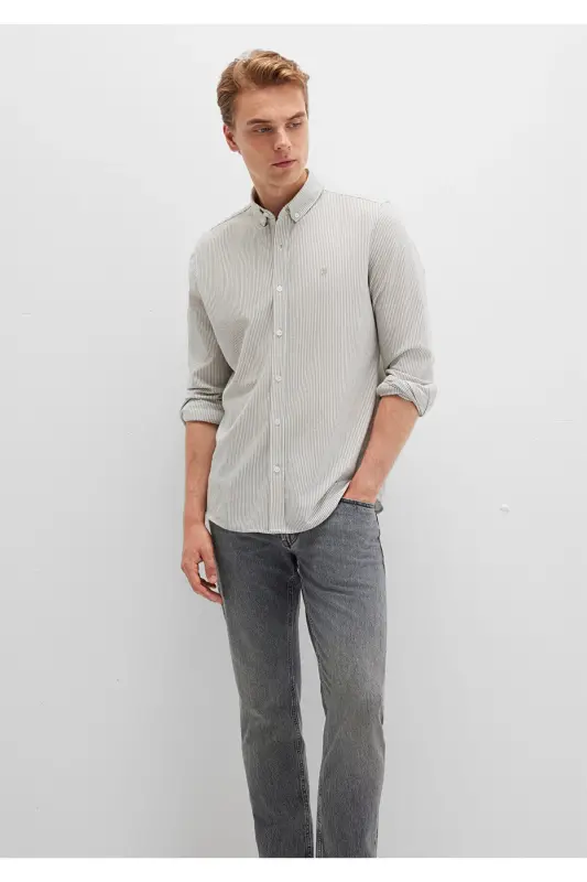 Chiziqli xaki ko'ylak Slim Fit / Tor kesim 0211402-91332-Rangli - 7