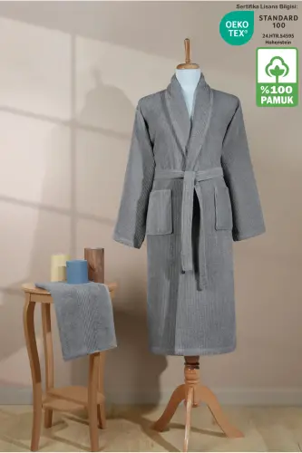 Chiziqli xalat to'plami 100% paxta sertifikati 2 qism, shol yoqali xalat va bosh sochiq to'plami kulrang-kulrang 