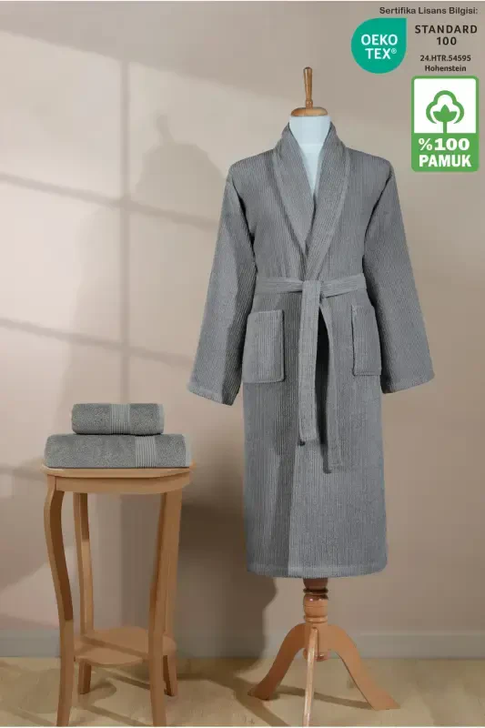 Chiziqli xalat to'plami 100% paxta sertifikati 3 qismli shol xalat va bosh sochiq to'plami kulrang rang - kulrang - ELLALINE