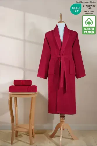 Chiziqli xalat to'plami 100% paxta sertifikatiga ega 3 qismli ro'molcha va bosh sochiq to'plami bordo-bordo rangli - 1