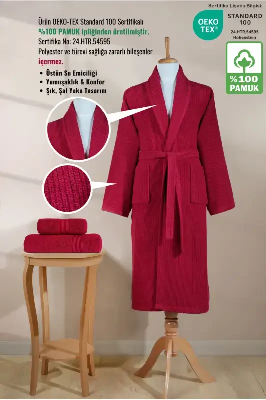 Chiziqli xalat to'plami 100% paxta sertifikatiga ega 3 qismli ro'molcha va bosh sochiq to'plami bordo-bordo rangli - 2