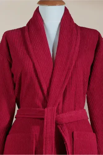 Chiziqli xalat to'plami 100% paxta sertifikatiga ega 3 qismli ro'molcha va bosh sochiq to'plami bordo-bordo rangli - 3