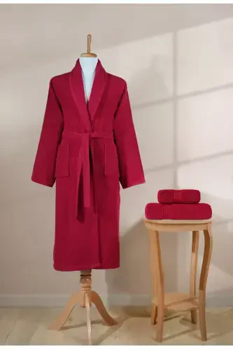 Chiziqli xalat to'plami 100% paxta sertifikatiga ega 3 qismli ro'molcha va bosh sochiq to'plami bordo-bordo rangli - 4