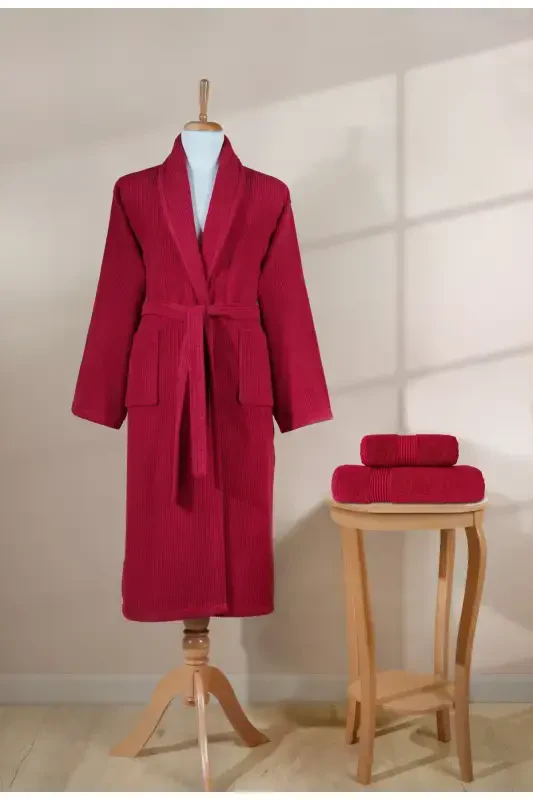 Chiziqli xalat to'plami 100% paxta sertifikatiga ega 3 qismli ro'molcha va bosh sochiq to'plami bordo-bordo rangli - 4