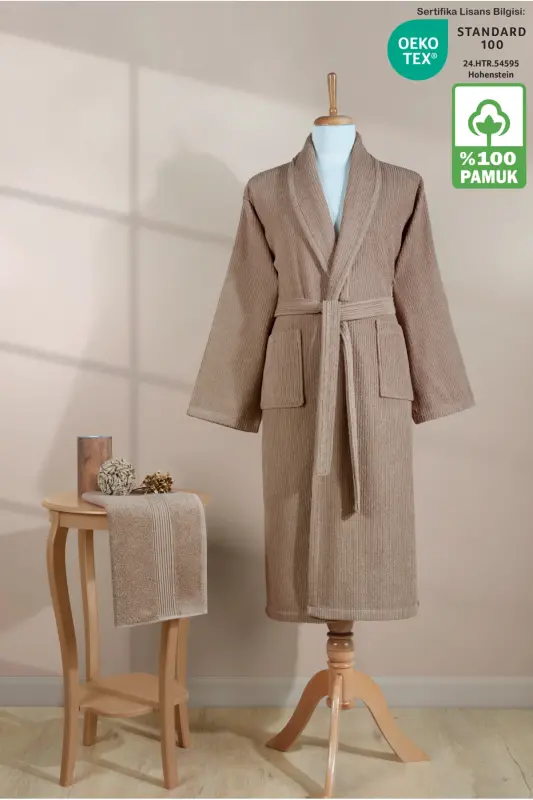 Chiziqli xalat to'plami 100% paxta sertifikatlangan, Unisex, Shol yoqali chiziqli dizayn xalat bosh sochiq - jigarrang - 5