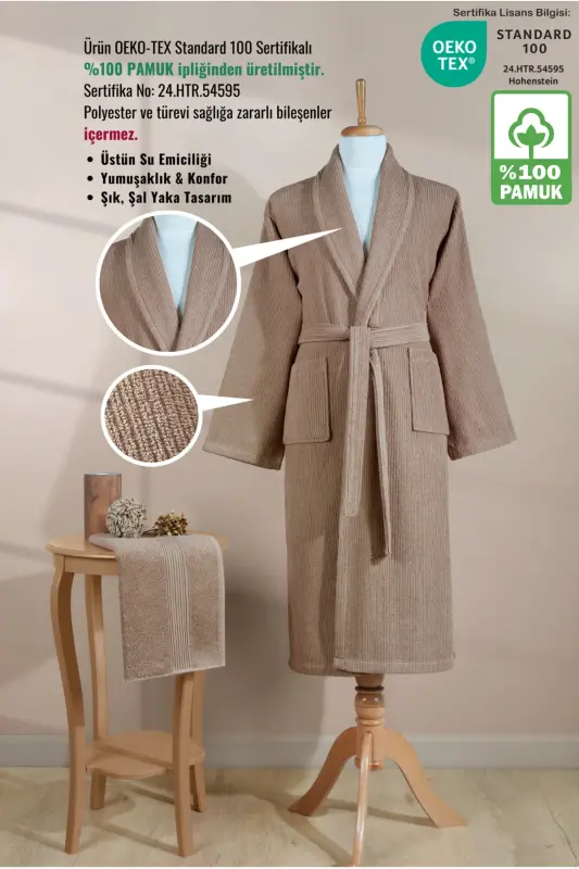 Chiziqli xalat to'plami 100% paxta sertifikatlangan, Unisex, Shol yoqali chiziqli dizayn xalat bosh sochiq - jigarrang - 6