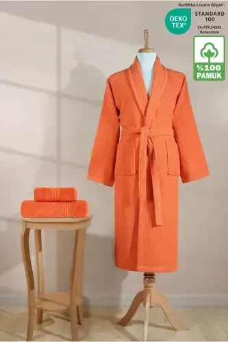 Chiziqli xalatlar to'plami %100 paxta sertifikati 3 qismli shol yoqali xalat va bosh sochiqlar to'plami to'q sariq-to'q sariq - 1