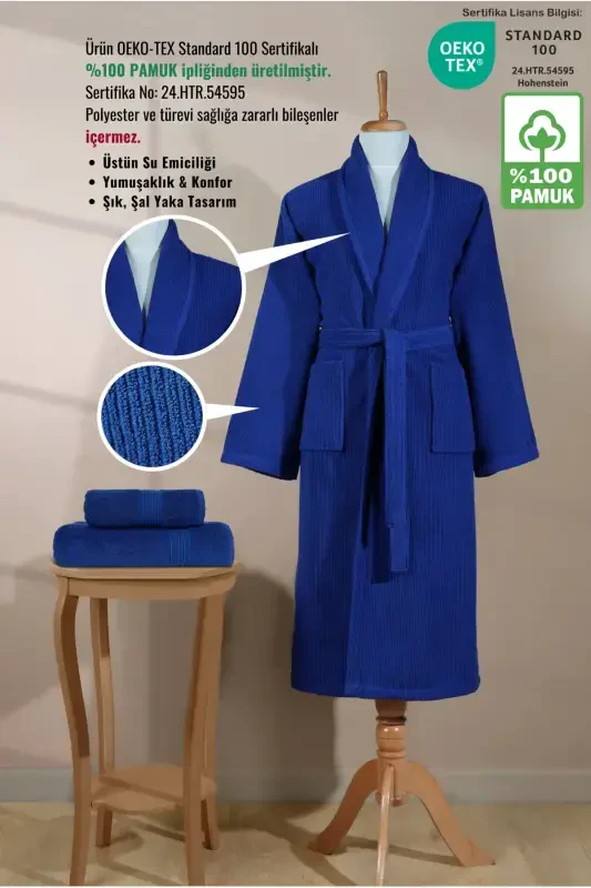 Chiziqli xalatlar to'plami %100 paxta sertifikatiga ega 3 qismli ro'molcha va bosh sochiq to'plami to'q ko'k-to'q ko'k - 2