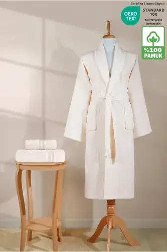 Chiziqli xalatlar to'plami 100% paxta sertifikatlangan 3 qismli ro'molcha va bosh sochiq to'plami krem rang-krem - ELLALINE (1)