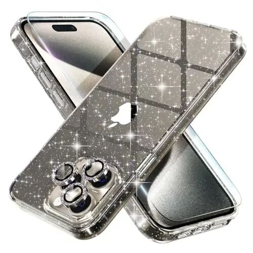 Choice Compatible for iPhone 15 Pro Max Case Women Phone Case, Cute Bling Sparkly, Military Grade Protection, 3 Diamond Camera Lens Covers, 2 Tempered Glass Protectors, 6.7 inch (Glitter Gray) - 1