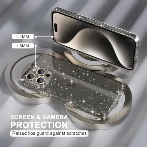 Choice Compatible for iPhone 15 Pro Max Case Women Phone Case, Cute Bling Sparkly, Military Grade Protection, 3 Diamond Camera Lens Covers, 2 Tempered Glass Protectors, 6.7 inch (Glitter Gray) - 4