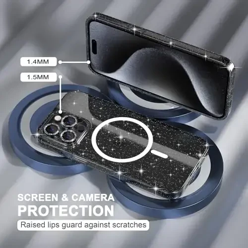 Choice for iPhone 15 Pro Case Magnetic, Women Clear Glitter Bling Sparkly Case, [3xDiamond Camera Lens Protectors] [2xTempered Glass Screen Protectors] [Compatible MagSafe] (Glitter Clear) - 4