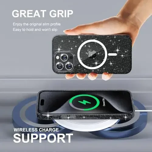 Choice for iPhone 15 Pro Case Magnetic, Women Clear Glitter Bling Sparkly Case, [3xDiamond Camera Lens Protectors] [2xTempered Glass Screen Protectors] [Compatible MagSafe] (Glitter Clear) - 6