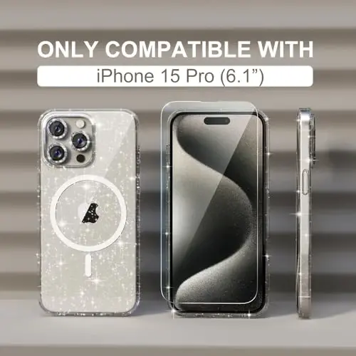 Choice for iPhone 15 Pro Case Magnetic, Women Clear Glitter Bling Sparkly Case, [3xDiamond Camera Lens Protectors] [2xTempered Glass Screen Protectors] [Compatible MagSafe] (Glitter Clear) - 2
