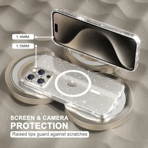 Choice for iPhone 15 Pro Case Magnetic, Women Clear Glitter Bling Sparkly Case, [3xDiamond Camera Lens Protectors] [2xTempered Glass Screen Protectors] [Compatible MagSafe] (Glitter Clear) - 4
