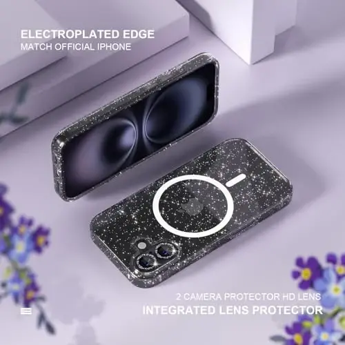 Choice for iPhone 16 Plus Case Magnetic, Women Clear Glitter Bling Sparkly Case, [2xDiamond Camera Lens Protectors] [2xTempered Glass Screen Protectors] [Compatible MagSafe] 6.7
