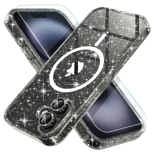 Choice for iPhone 16 Plus Case Magnetic, Women Clear Glitter Bling Sparkly Case, [2xDiamond Camera Lens Protectors] [2xTempered Glass Screen Protectors] [Compatible MagSafe] 6.7