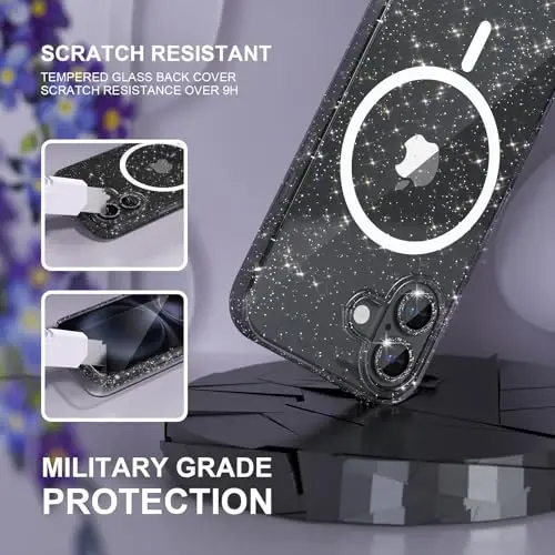 Choice for iPhone 16 Plus Case Magnetic, Women Clear Glitter Bling Sparkly Case, [2xDiamond Camera Lens Protectors] [2xTempered Glass Screen Protectors] [Compatible MagSafe] 6.7