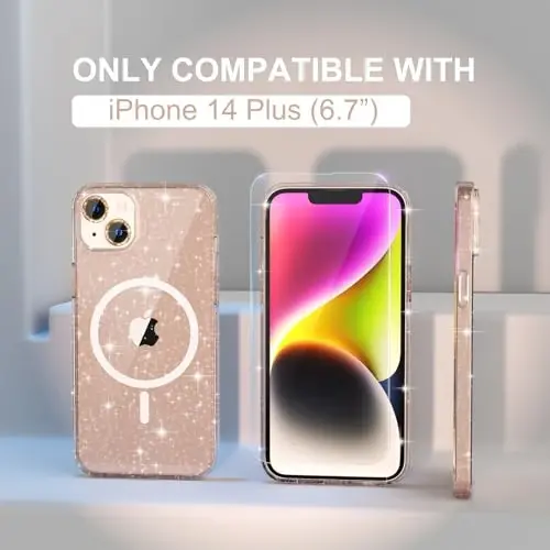 Choice Magnetic Case for iPhone 14 Plus, Women Clear Glitter Bling Sparkly Case, [2xDiamond Camera Lens Protectors] [2xTempered Glass Screen Protectors] [Compatible MagSafe] (Glitter Gold) - 8