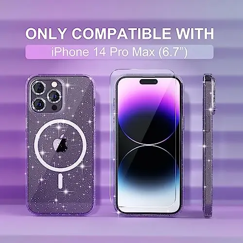 Choice Magnetic for iPhone 14 Pro Max Case, Women Clear Glitter Bling Sparkly Case, [3xDiamond Camera Lens Protectors] [2xTempered Glass Screen Protectors] [Compatible MagSafe] (Glitter Clear) - 8