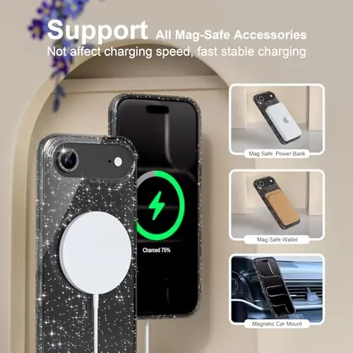 Choice Magnetic for iPhone 17 Air Case Compatible with MagSafe, Women Cute Glitter Sparkly Phone Case with Diamond Camera Lens Protectors, Military-Grade Drop Protection 6.5