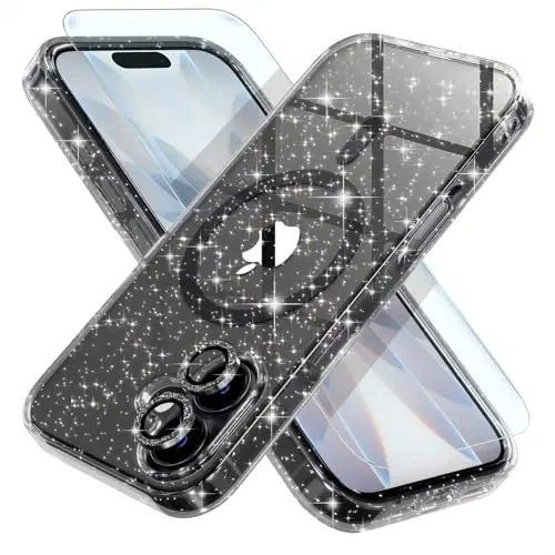 Choice Magnetic for iPhone 17 Case Compatible with MagSafe, Women Cute Glitter Sparkly Phone Case with Diamond Camera Lens Protectors, Military-Grade Drop Protection 6.3
