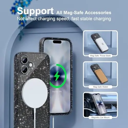 Choice Magnetic for iPhone 17 Case Compatible with MagSafe, Women Cute Glitter Sparkly Phone Case with Diamond Camera Lens Protectors, Military-Grade Drop Protection 6.3