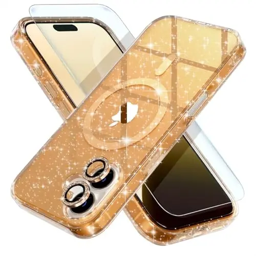 Choice Magnetic for iPhone 17 Case Compatible with MagSafe, Women Cute Glitter Sparkly Phone Case with Diamond Camera Lens Protectors, Military-Grade Drop Protection 6.3