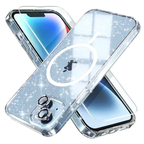 Choiche Magnetic Case for iPhone 14 Case, Women Clear Glitter Bling Sparkly Case, [2xDiamond Camera Lens Protectors] [2xTempered Glass Screen Protectors] [Compatible MagSafe] (Glitter Clear) 