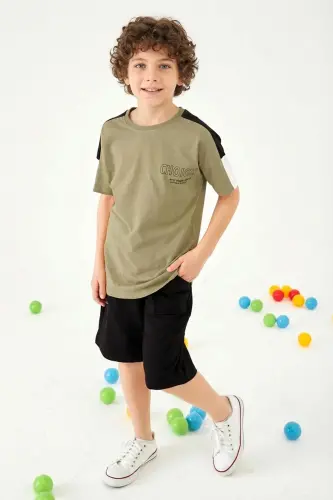 Choices Baskılı Kol Garnili Erkek Çocuk Şortlu Takım-Haki - 1