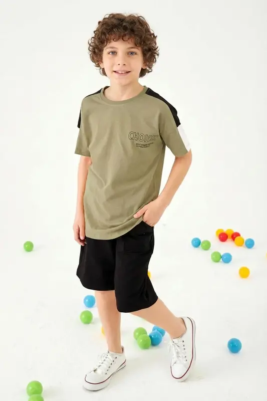 Choices Baskılı Kol Garnili Erkek Çocuk Şortlu Takım-Haki - 1