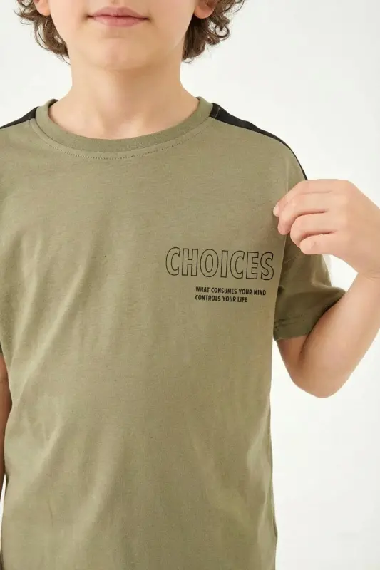 Choices Baskılı Kol Garnili Erkek Çocuk Şortlu Takım-Haki - 4
